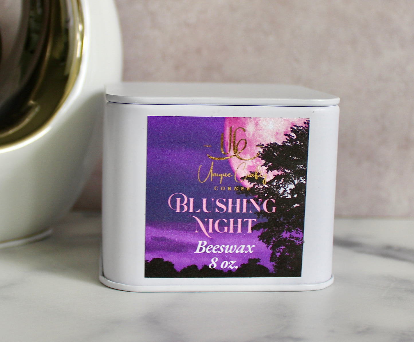 Blushing Night Beeswax Candle 8oz Wooden Wick Candle in premium Tin All Natural.