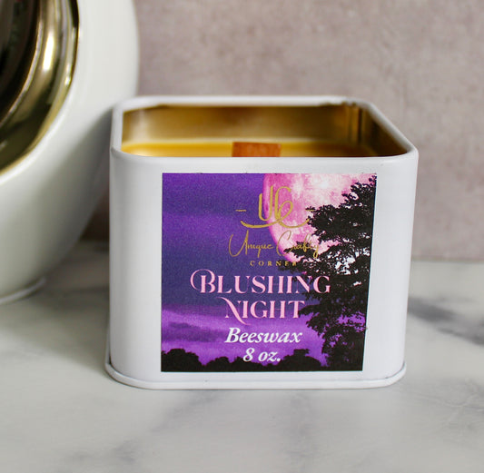 Blushing Night Beeswax Candle 8oz Wooden Wick Candle in premium Tin All Natural.