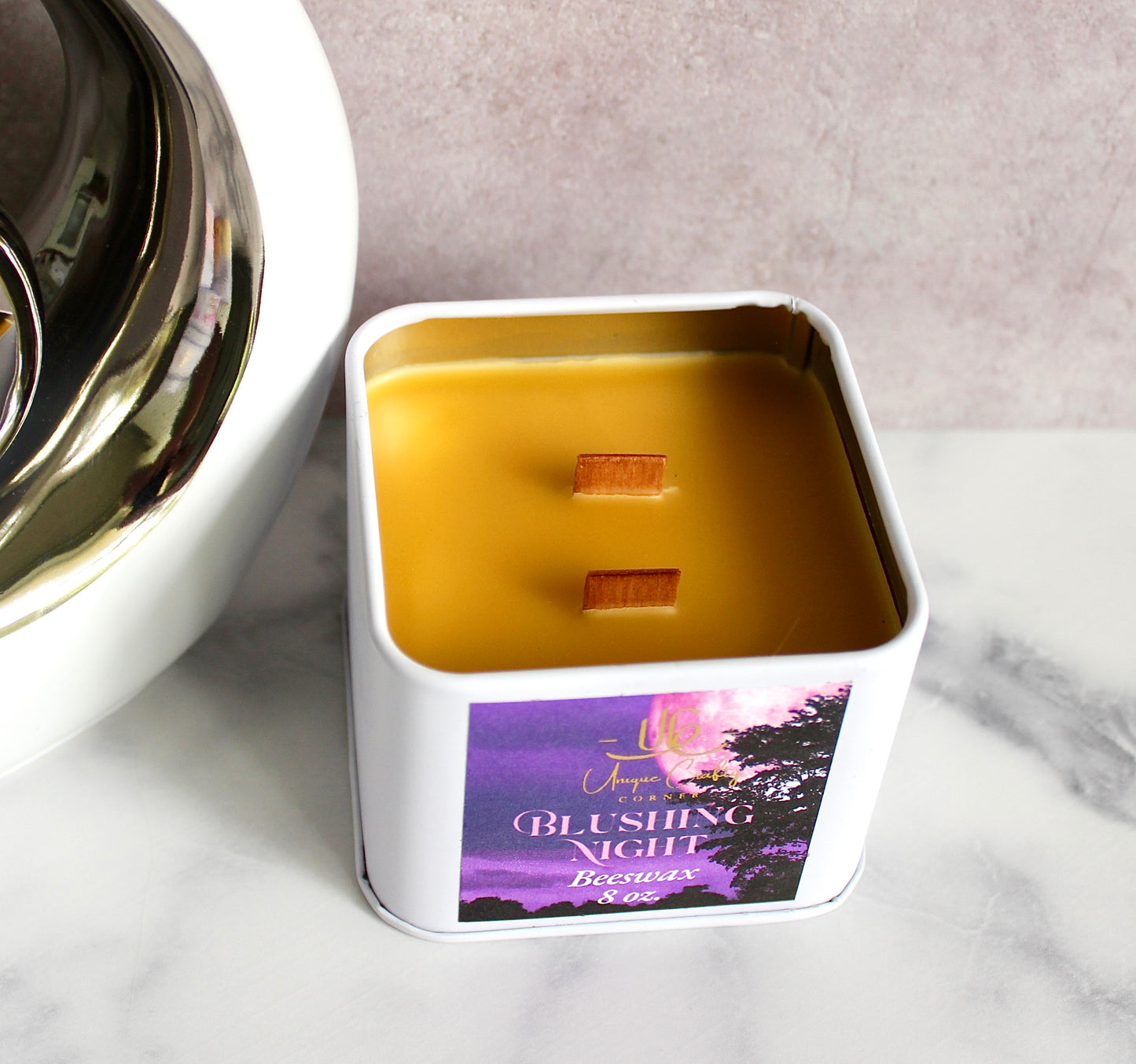 Blushing Night Beeswax Candle 8oz Wooden Wick Candle in premium Tin All Natural.