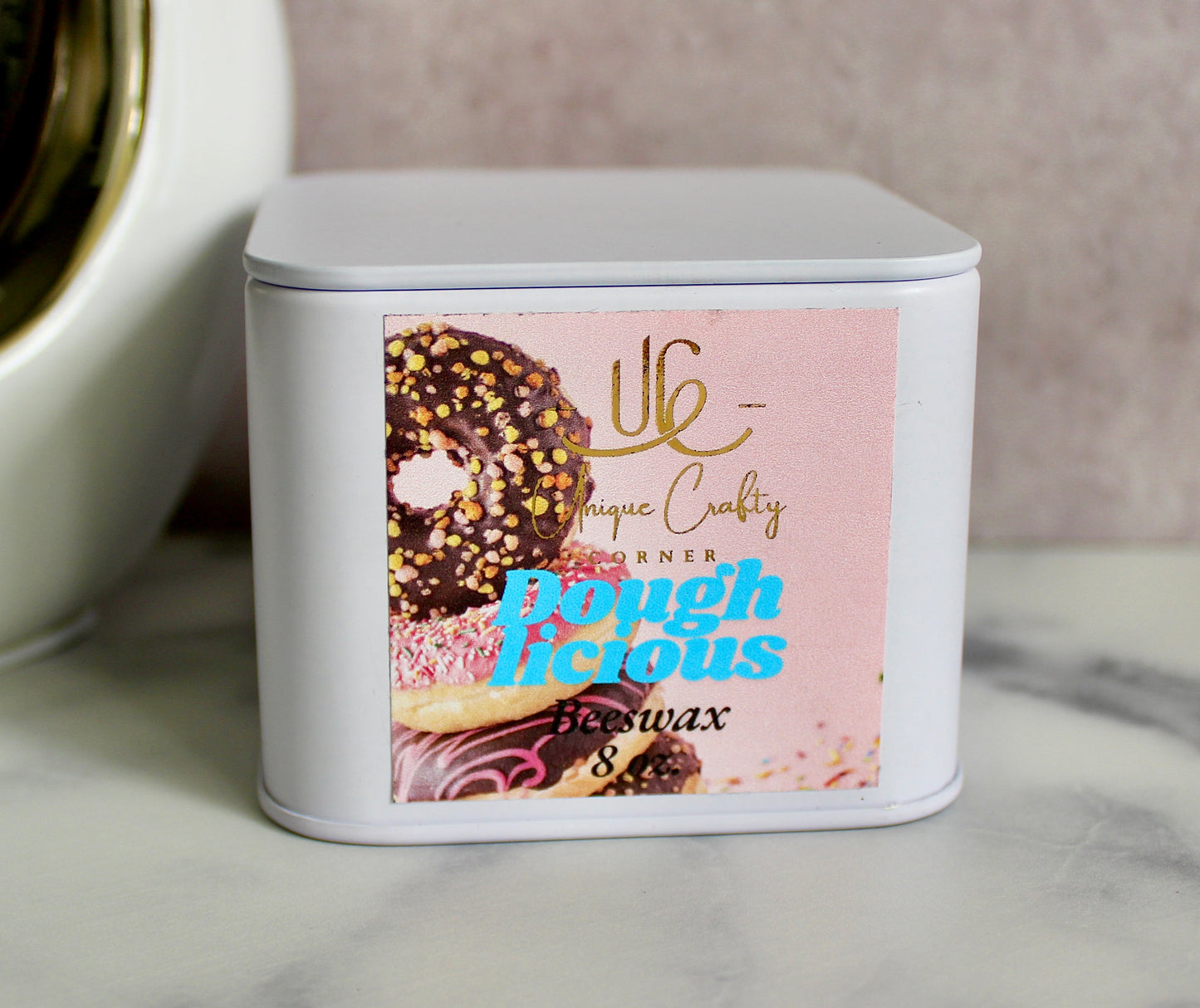 DoughLicious Beeswax Candle 8oz Wooden Wick Candle in premium Tin All Natural.