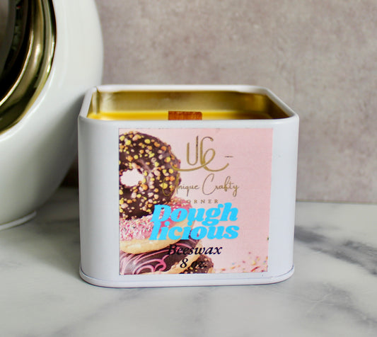 DoughLicious Beeswax Candle 8oz Wooden Wick Candle in premium Tin All Natural.