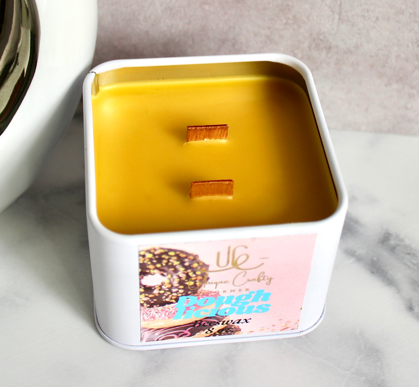 DoughLicious Beeswax Candle 8oz Wooden Wick Candle in premium Tin All Natural.