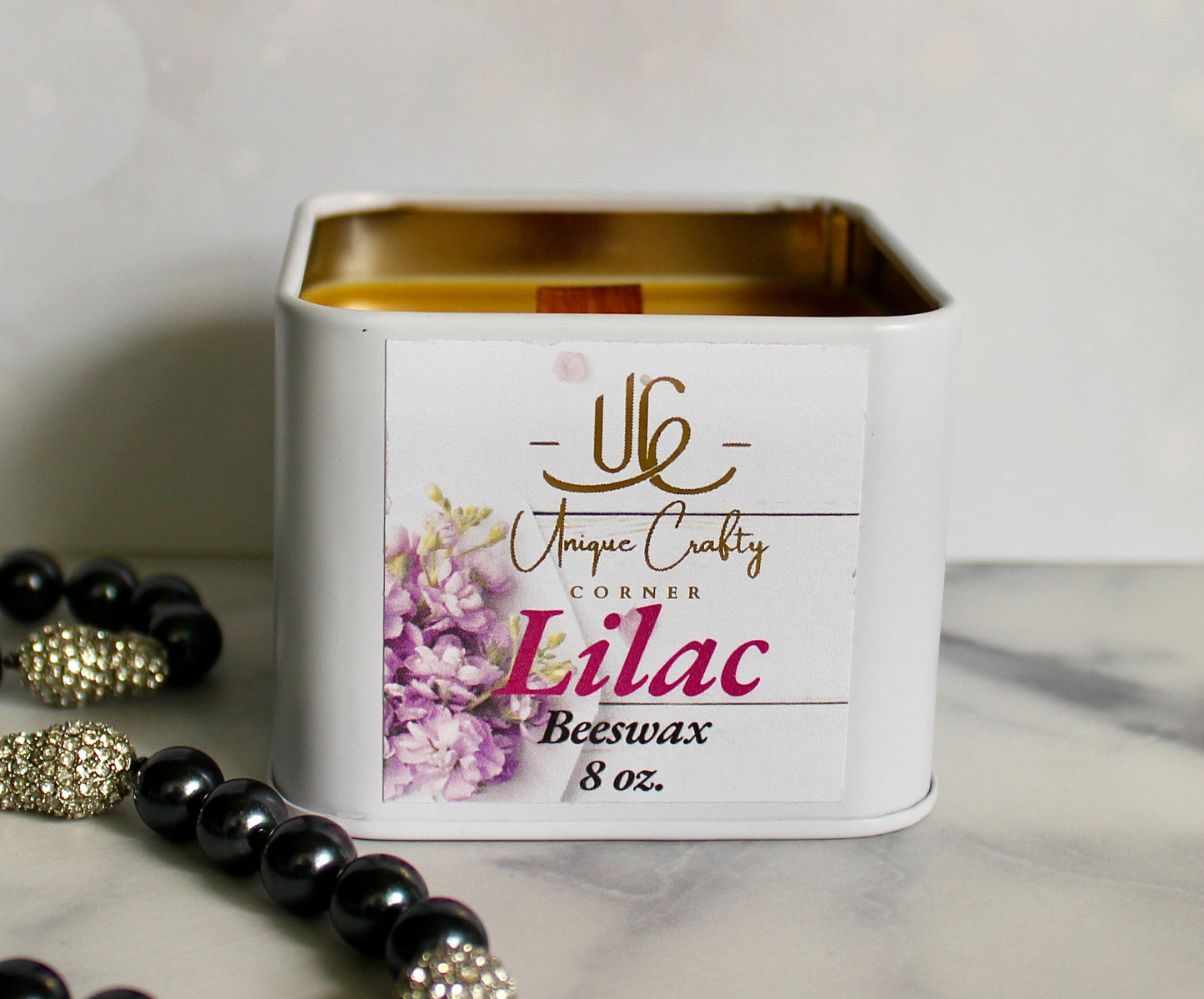 Lilac Candle 8oz Wooden Wick Candle in premium Tin All Natural.