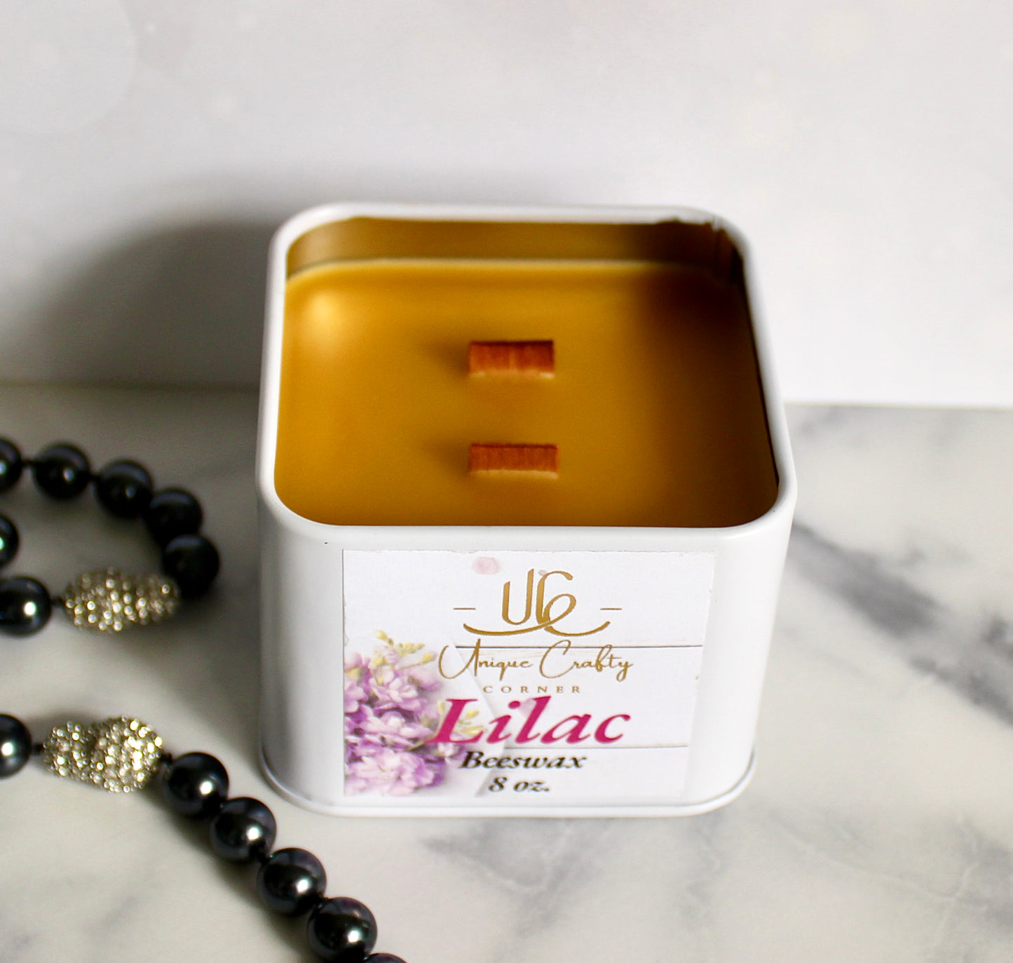 Lilac Candle 8oz Wooden Wick Candle in premium Tin All Natural.
