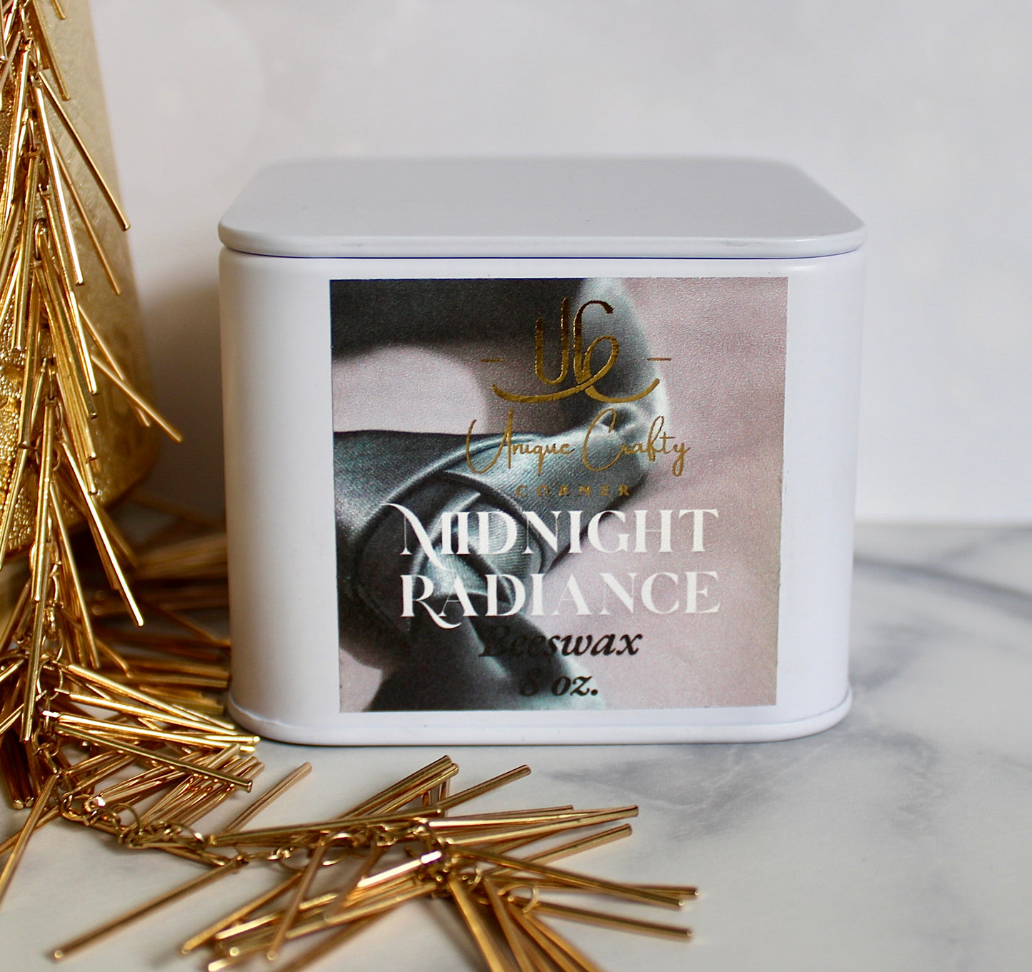 Midnight Radiance Beeswax Candle 8oz Wooden Wick Candle in premium Tin All Natural.