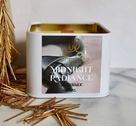Midnight Radiance Beeswax Candle 8oz Wooden Wick Candle in premium Tin All Natural.
