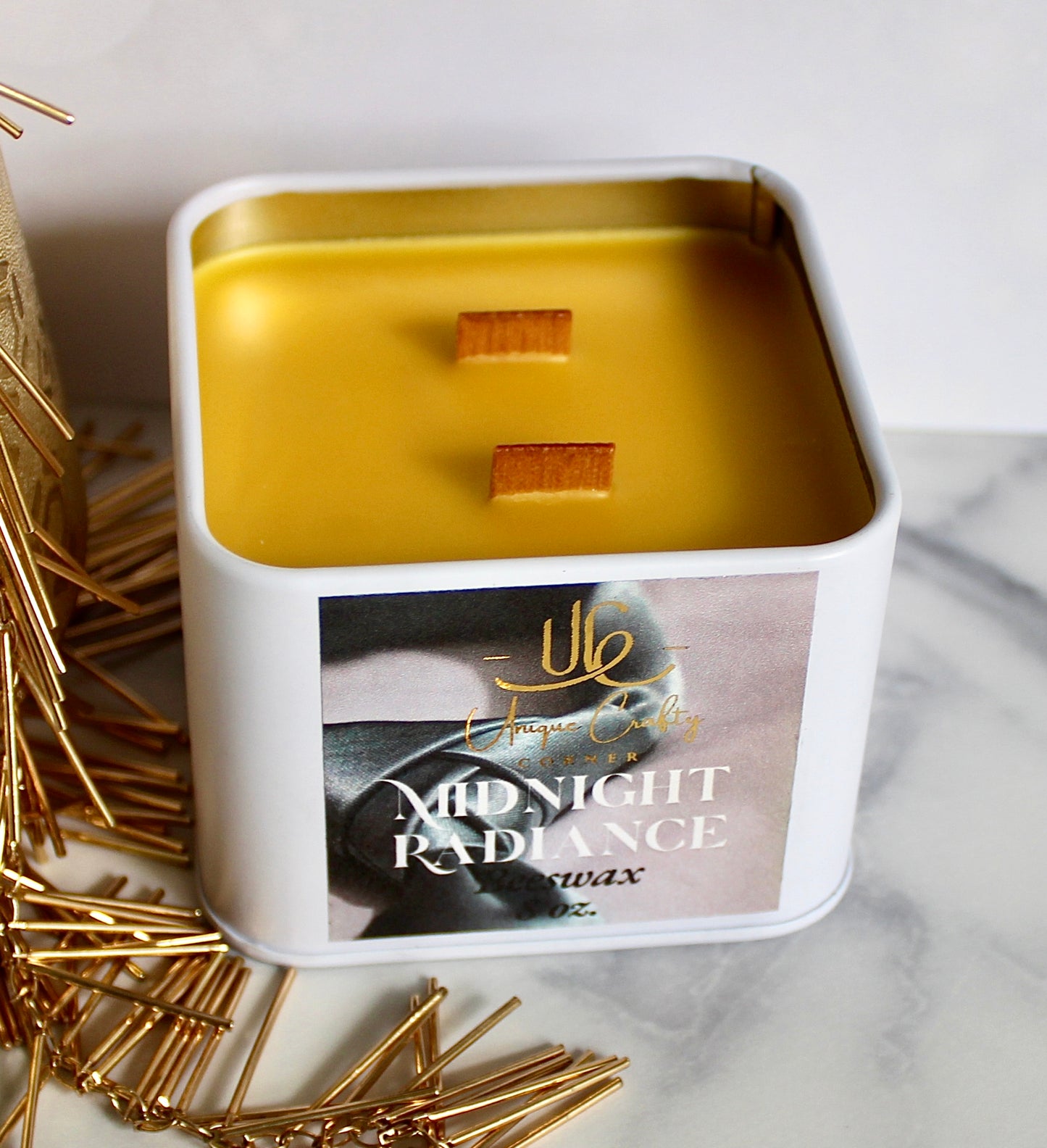 Midnight Radiance Beeswax Candle 8oz Wooden Wick Candle in premium Tin All Natural.