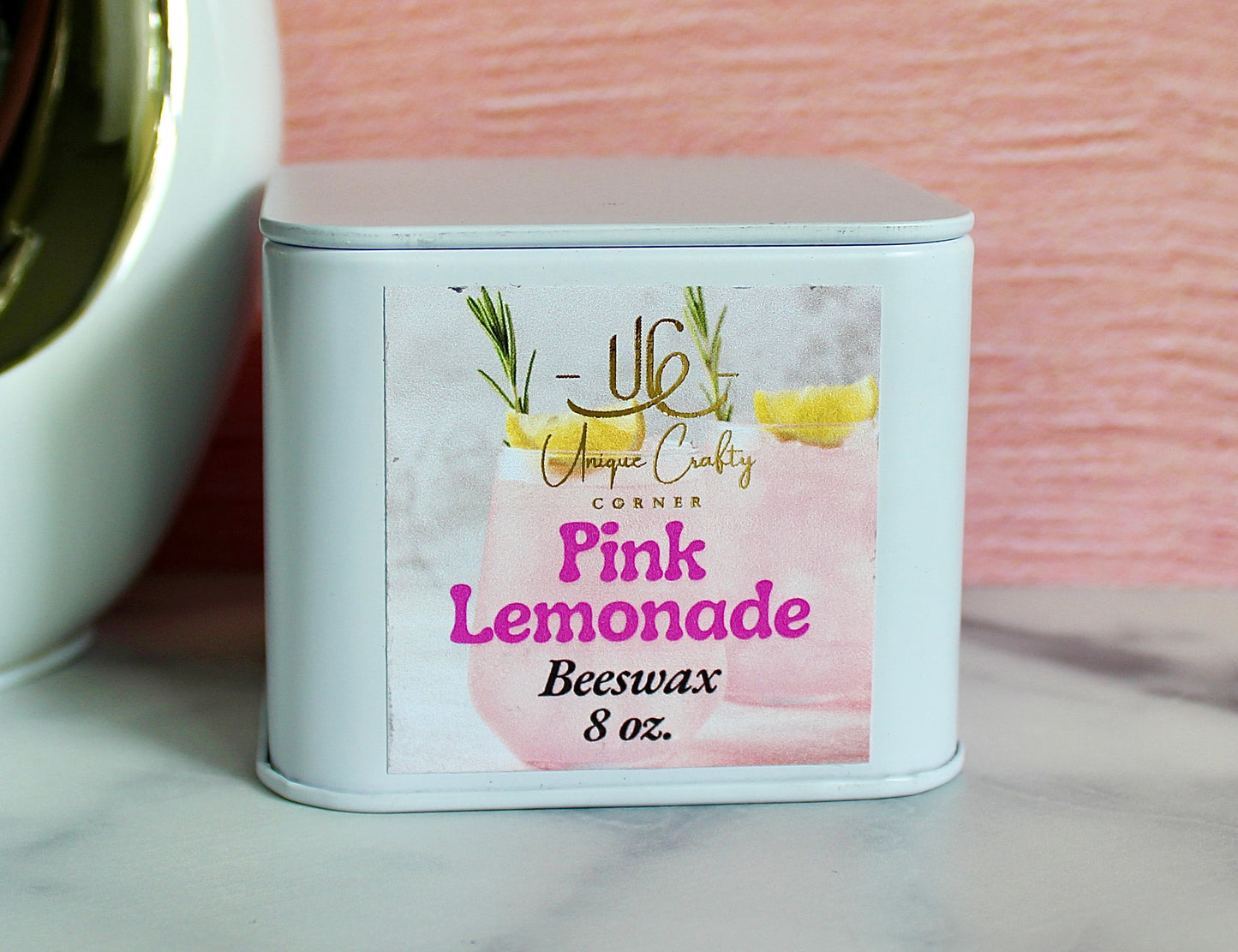 Pink Lemonade Beeswax Candle 8oz Wooden Wick Candle in premium Tin All Natural.