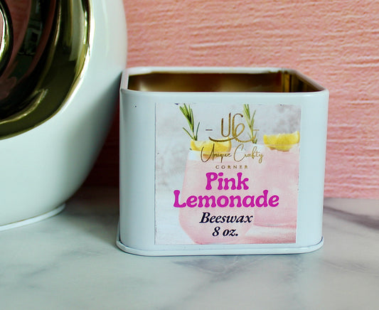 Pink Lemonade Beeswax Candle 8oz Wooden Wick Candle in premium Tin All Natural.