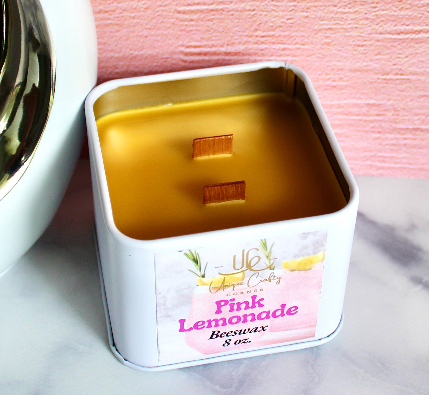 Pink Lemonade Beeswax Candle 8oz Wooden Wick Candle in premium Tin All Natural.