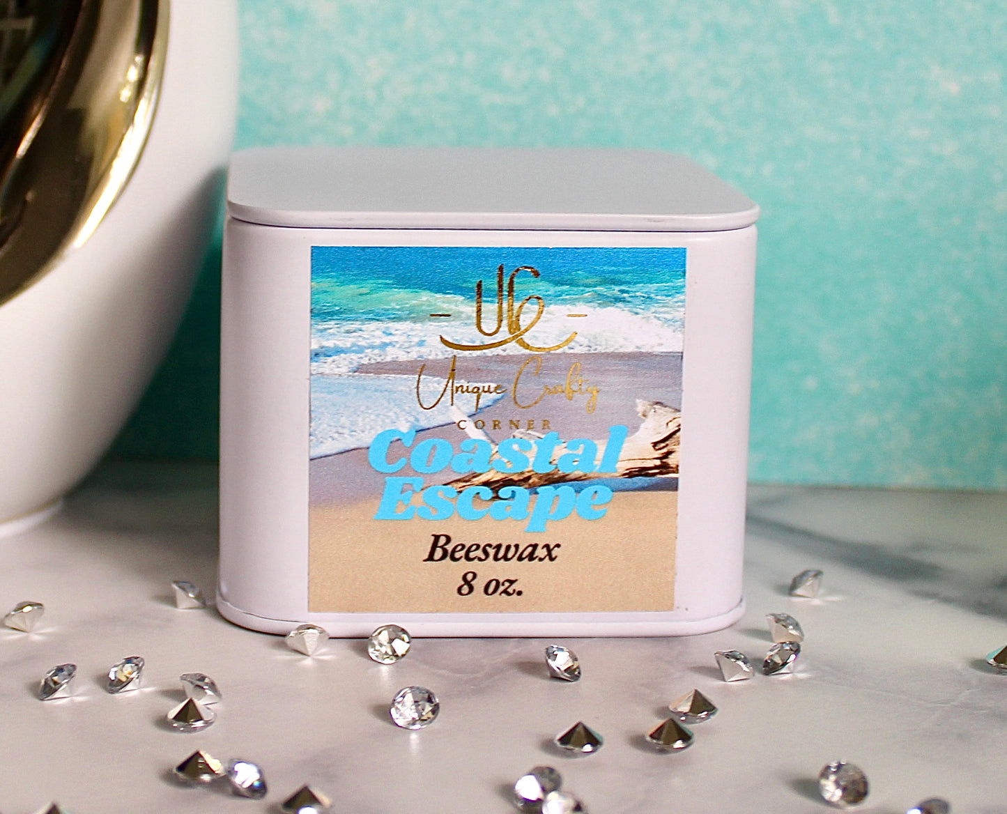 Coastal Escape Candle 8oz Wooden Wick Candle in premium Tin All Natural.