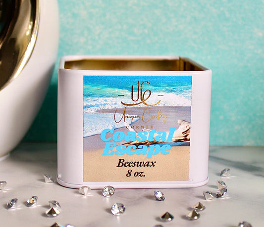 Coastal Escape Candle 8oz Wooden Wick Candle in premium Tin All Natural.