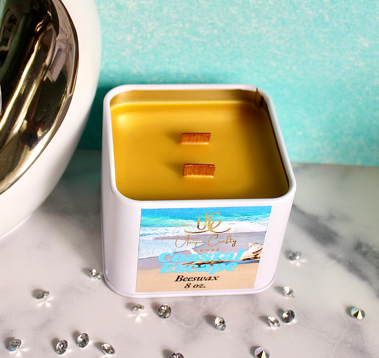 Coastal Escape Candle 8oz Wooden Wick Candle in premium Tin All Natural.