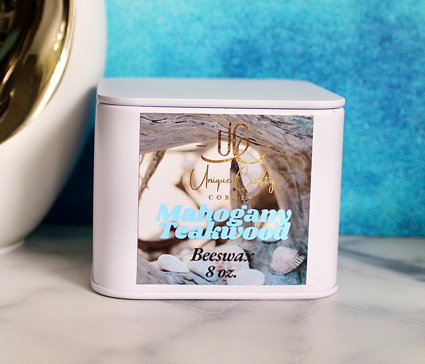 Mahogany Teakwood Candle 8oz Wooden Wick Candle in premium Tin All Natural.