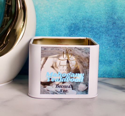 Mahogany Teakwood Candle 8oz Wooden Wick Candle in premium Tin All Natural.