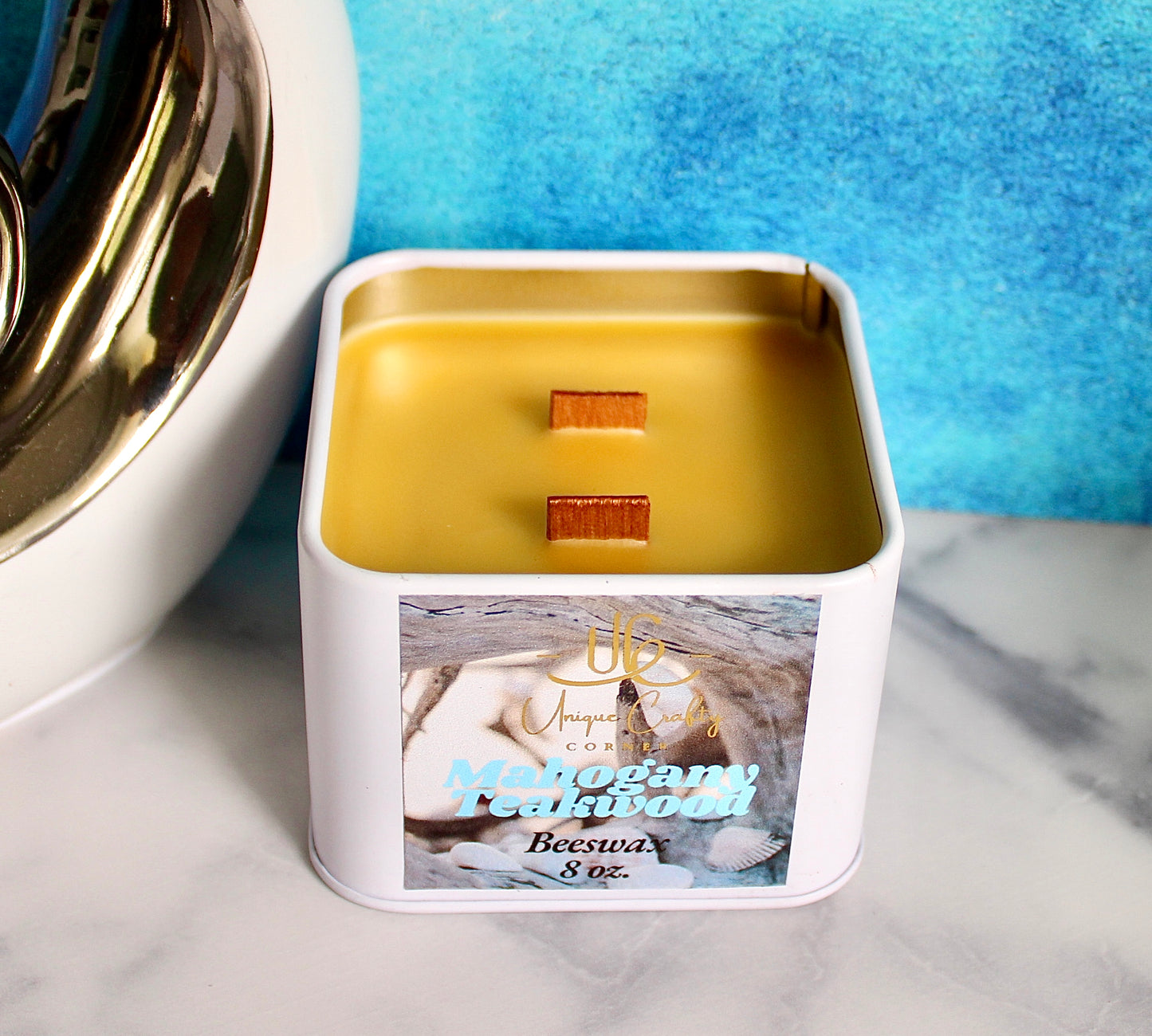 Mahogany Teakwood Candle 8oz Wooden Wick Candle in premium Tin All Natural.