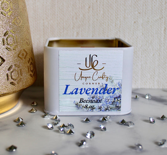 Lavender Beeswax Candle 8oz Wooden Wick Candle in premium Tin All Natural.