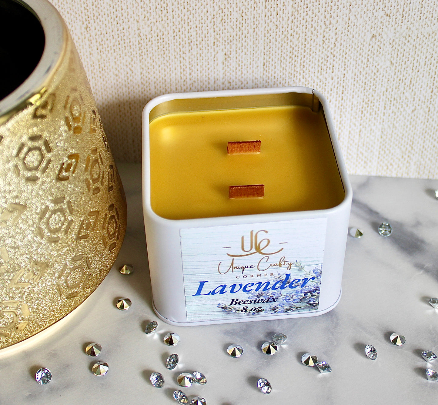 Lavender Beeswax Candle 8oz Wooden Wick Candle in premium Tin All Natural.